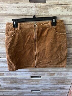 🤎 Love Tree Brown Corduroy Mini Skirt Size Large Front Zip Stretch